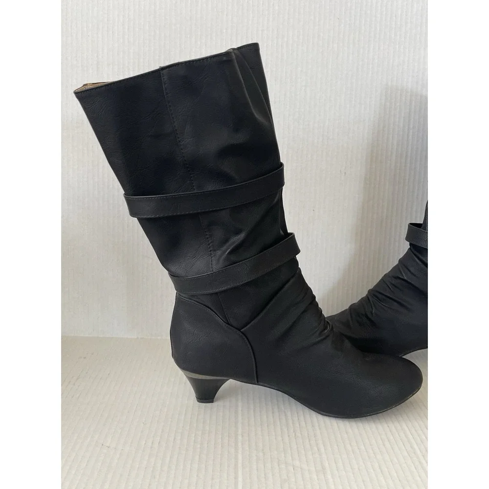 Stylish Black Slouch Mid Calf Double Buckle Boots EU 43 US 11 NWOB Kitten Heel